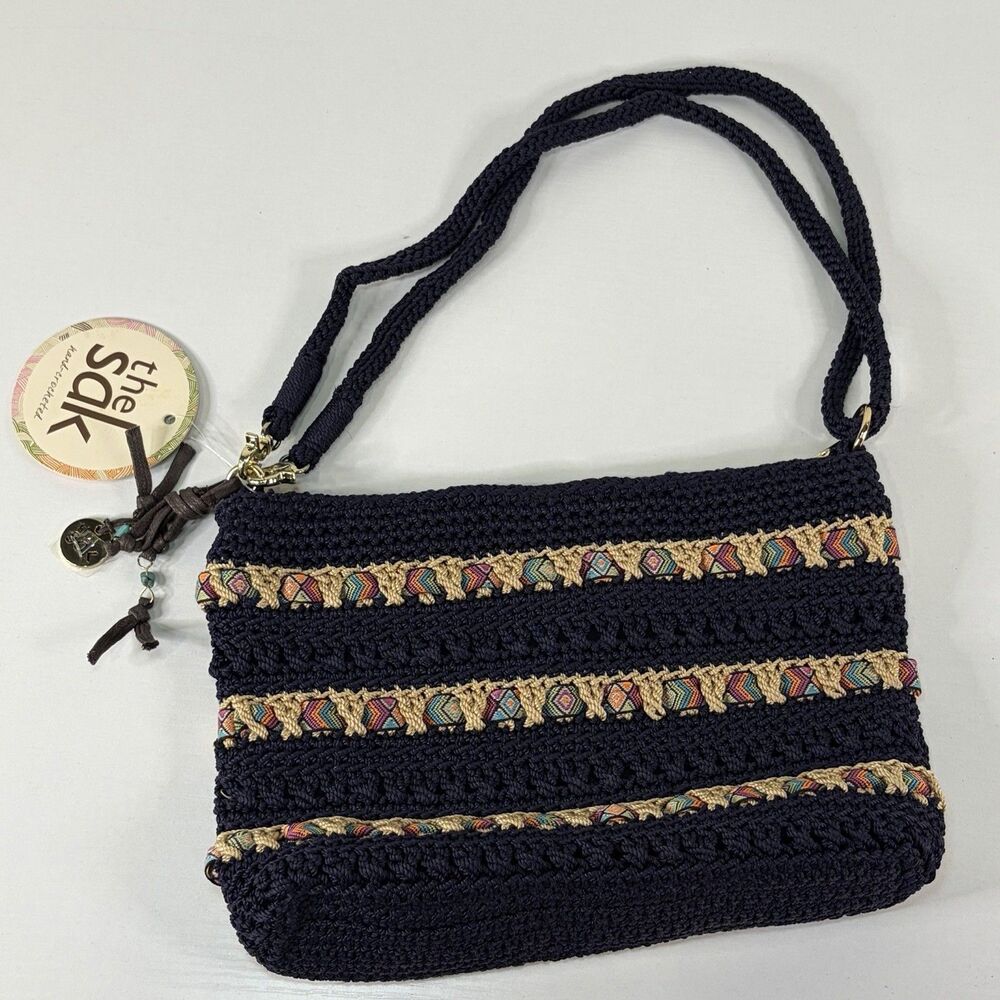 The Sak Cambria Crocheted Crossbody Zip Top  Blue‎ Shoulder Bag Aztec Ribbon